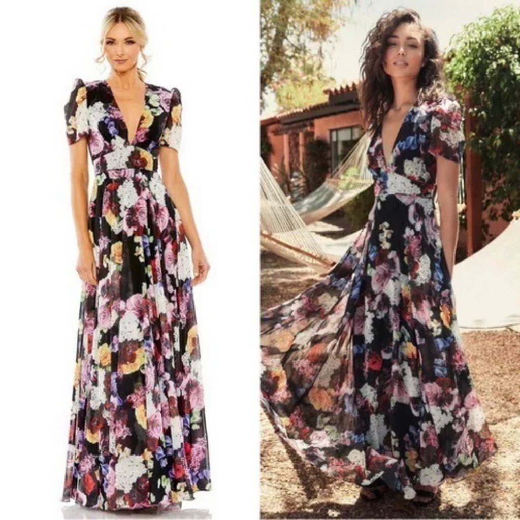 Ieena Mac Duggal Black Multi Floral Short Sleeve Pleated Gown